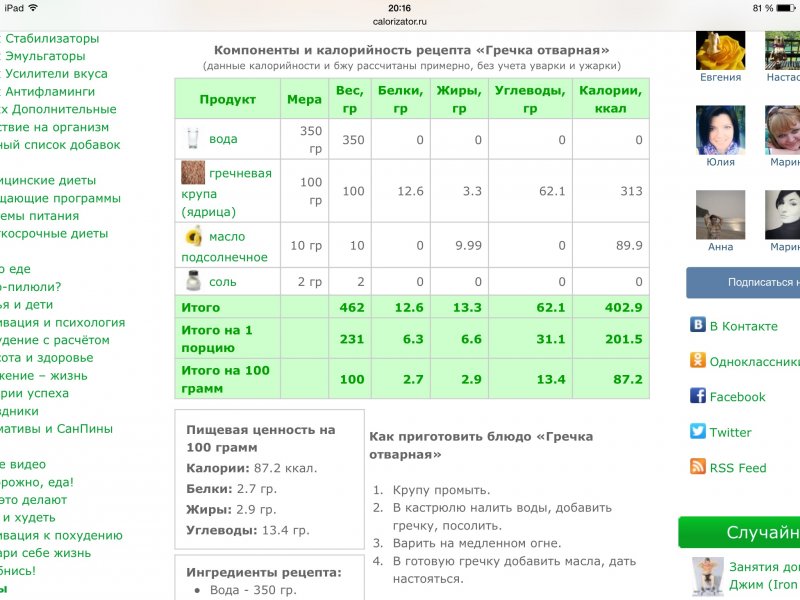 Гречка отварная калорийность